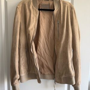 AllSaints Suede Bomber Jacket in Beige